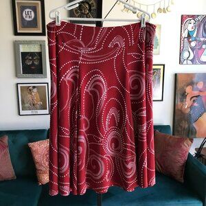 SUSAN GRAVER size XL Red & White Print Liquid Knit Flared A-Line Swingy Skirt